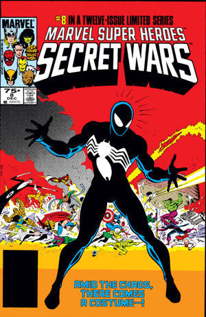 , IN A TWELVE-ISSUE LIMITED SERIES MARVEL SUPER HEROES SERET WARS THERE COMES Marvel Comics 75 Years of Cover Art Spider-Man comics comic book superhero fictional character poster advertising