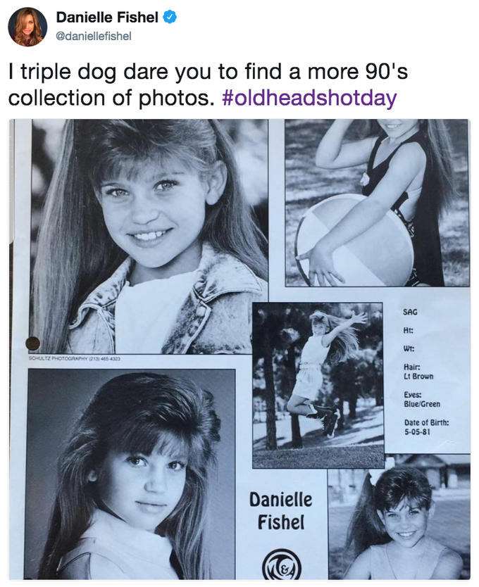 Danielle Fishel @daniellefishel l triple dog dare you to find a more 90's Collection of photos. #oldheadshotday SAG Ht: Wt: Hair. SCHULTZ PHOTOGRAPHY (213) 465-4323 Lt Brown Eyes: Blue/Green Date of Birth: 5-05-81 Danielle Fishel