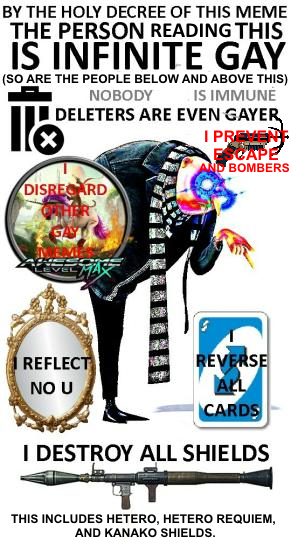 BY THE HOLY DECREE OF THIS MEME THE PERSON READING THIS IS INFINITE GAY (SO ARE THE PEOPLE BELOW AND ABOVE THIS) NOBODY IS IMMUNE DELETE RS ARE EVEN GAYE I PREVENT ESCAPE AND BOMBERS REFLEC NO U ARD I DESTROY ALL SHIELDS THIS INCLUDES HETERO, HETERO REQUIEM, AND KANAKO SHIELDS.