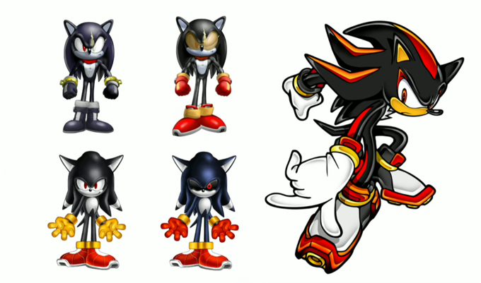 As if you needed another reason to pick on Shadow as a meme, you have this early concept art to make fun of.

He looks like a bad _Sonic_ OC.
Also, note how the top two concepts have muscle definition.