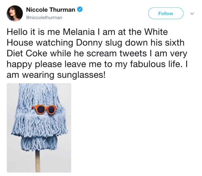 Niccole Thurman Follow @niccolethurman Hello it is me Melania I am at the White House watching Donny slug down his sixth Diet Coke while he scream tweets I am very happy please leave me to my fabulous life. I am wearing sunglasses!