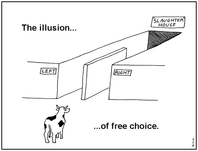 SLAUGHTER HOUSE The illusion.. LEFT RIGHT ...of free choice. 全 涉 。