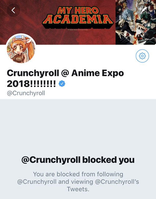 MY HERO ACADEMIA Crunchyroll @ Anime Expo @Crunchyroll @Crunchyroll blocked you You are blocked from following @Crunchyroll and viewing @Crunchyroll's Tweets