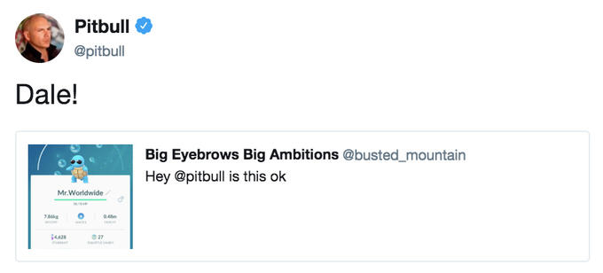 Pitbull @pitbull Dale! Big Eyebrows Big Ambitions @busted_mountain Hey @pitbull is this ok Mr.Worldwide 786 0.48m 0 27