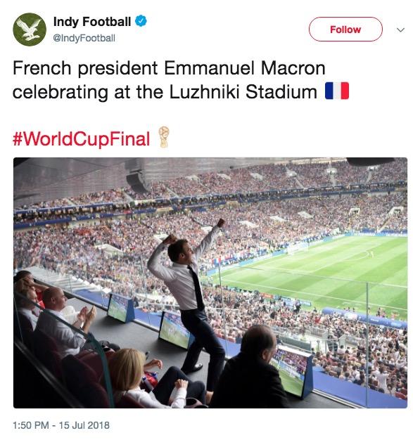 Indy Football @IndyFootball Follow French president Emmanuel Macror celebrating at the Luzhniki Stadium I #WorldCupFinal 1:50 PM 15 Jul 2018