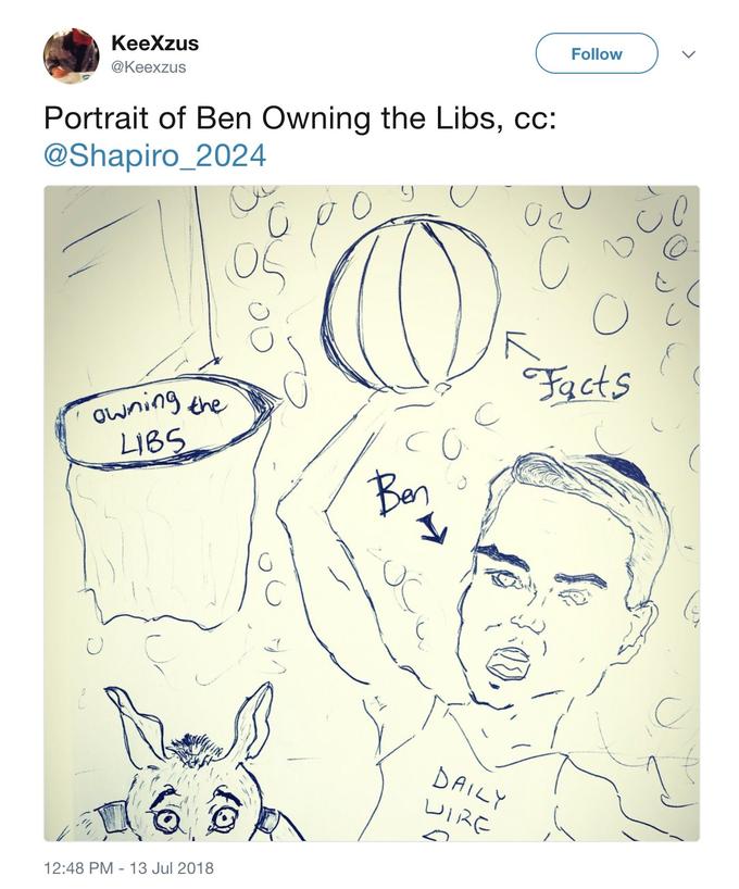 KeeXzus @Keexzus Follow Portrait of Ben Owning the Libs, cc: @Shapiro_2024 U c gwni LiBS O) DA i sR 12:48 PM 13 Jul 2018