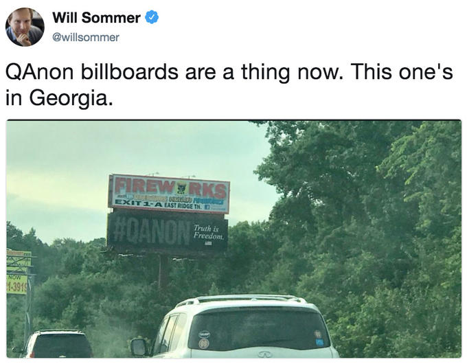 Will Sommer @willsommer QAnon billboards are a thing now. This one's in Georgia. FİREWa RI E)( 1-A EAST RIDGE TN. r] Truth is Freedom. 391