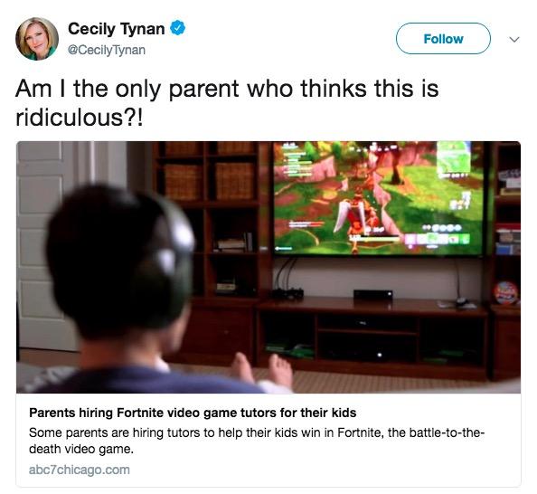 Ridiculous! Cecily Tynan @CecilyTynan Follow Am l the only parent who thinks this is ridiculous?! Parents hiring Fortnite video game tutors for their kids Some parents are hiring tutors to help their kids win in Fortnite, the battle-to-the- death video game abc7chicago.com