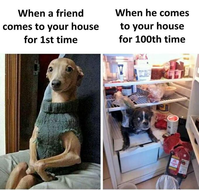 When a friend comes to your house for 1st time When he comes to your house for 100th time