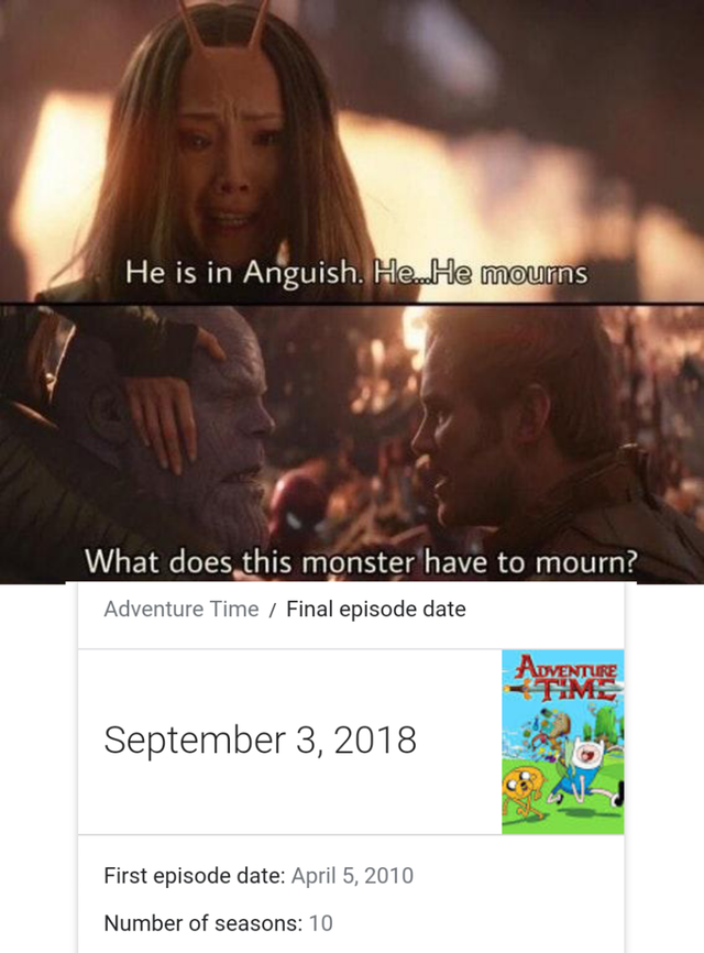 He is in Anguish. He. He mourns 0 What does this monster have to mourn? Adventure Time / Final episode date September 3, 2018 First episode date: April 5, 2010 Number of seasons: 10