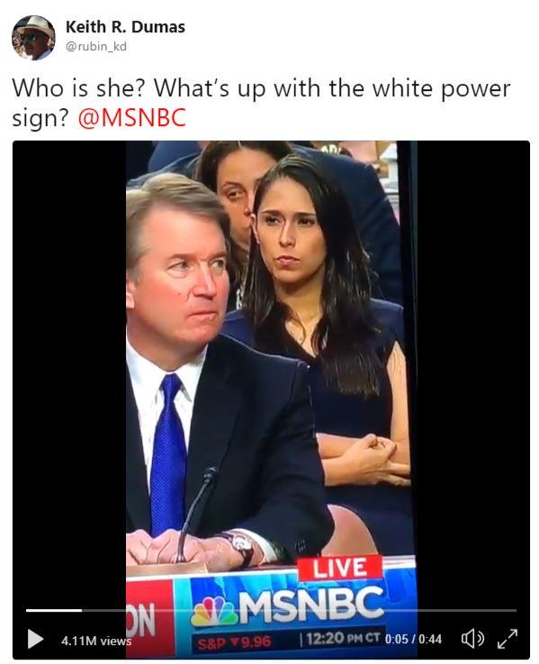 Keith R. Dumas @rubin_kd Who is she? What's up with the white power sign? @MSNBC LIVE 4.11M views p▼9.96 112:20 PM CT 0:05 / 0:44 > / S&