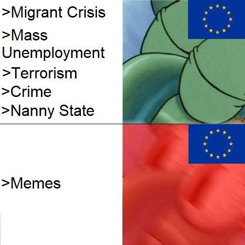 >Migrant Crisis >Mass Unemployment >Terrorism >Crime >Nanny State >Memes