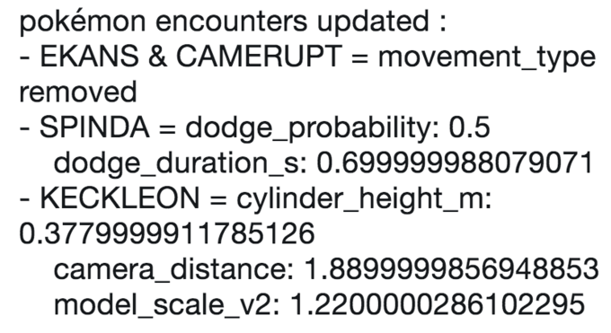 pokémon encounters updated: EKANS & CAMERUPT = movement-type removed SPINDA-dodge_probability: 0.5 dodge_duration_s: 0.699999988079071 KECKLEON cylinder_height_m: 0.3779999911785126 camera_distance: 1.8899999856948853 model_scale_v2: 1.2200000286102295