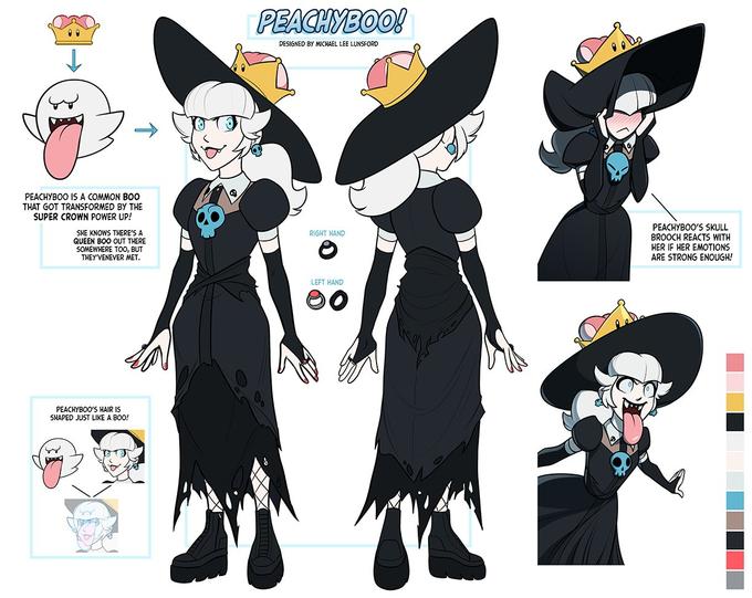 DESIGNED BY MICHAEL LEE LUNSFORD PEACHYBO0 IS A COMMON BOO THAT GOT TRANSFORMED BY THE SUPER CROWN POWER UP! PEACHYB0O'S SKULL BROOCH REACTS WITH HER IF HER EMOTIONS ARE STRONG ENOUGH! SHE KNOWS THERE'S A RIGHT HAND QUEEN BOO OUT THERE SOMEWHERE TO0, BUT THEY'VENEVER MET LEFT HAND PEACHYB00'S HAIR IS SHAPED JUST LIKE A BOO!