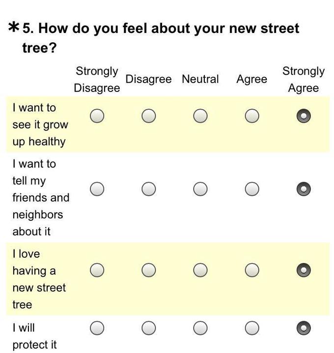 5. How do you feel about your new street tree? Strongly Disagree Strongly Agree Disagree Neutral Agree I want to see it grow up healthy I want to tell my friends and O O OO neighbors about it I love having a new street tree OOO OO I will protect it