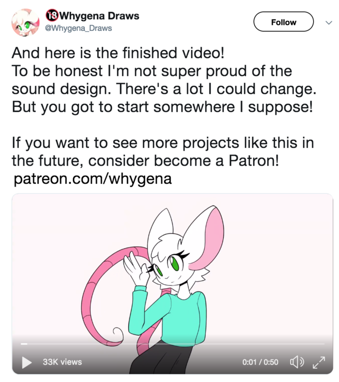 Whygena Draws Whygena_Draws Follow)v And here is the finished video! To be honest I'm not super proud of the sound design. There's a lot I could change. But you got to start somewhere l suppose! If you want to see more projects like this in the future, consider become a Patron! patreon.com/whygena 0:01 /0.50 33K views