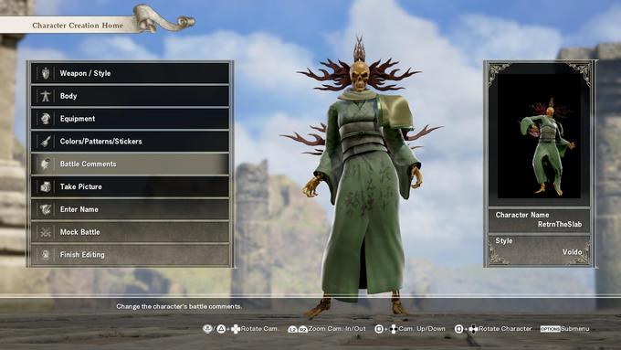 Character Creation Home Weapon / Style Body Equipment Colors/Patterns/Stickers Battle Comments : Take Picture Tg. Enter Name Character Name RetrnTheSlab Mock Battle Style Voldo Finish Editing Change the character's battle comments Rotate Cam. 2 Zom C. /Out Cam. Up/Down Rotate Character GPTIONS Submenu Zoom Cam. In/Out +O Cam. Up/Down