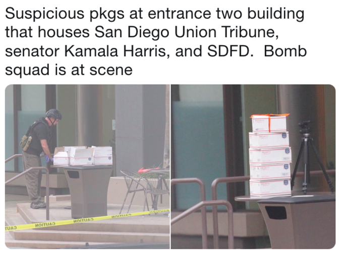 Suspicious pkgs at entrance two building that houses San Diego Union Tribune, senator Kamala Harris, and SDFD. Bomb squad is at scene MOITUA3 TUAD