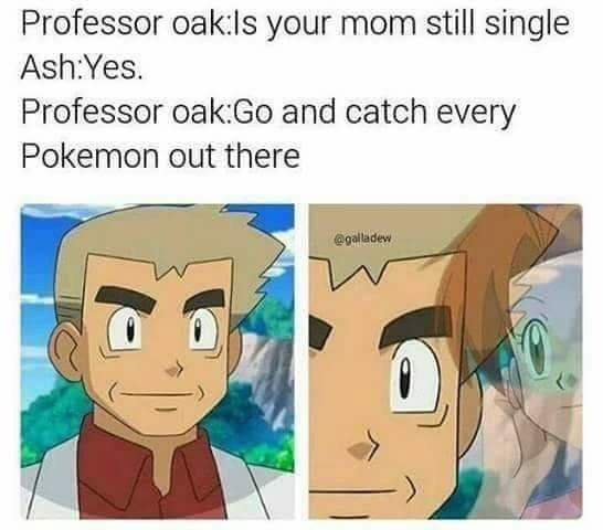 Professor oak:ls your mom still single Ash:Yes. Professor oak:Go and catch every Pokemon out there @galladew