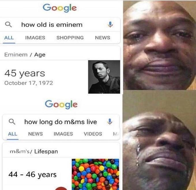 A "Google":/memes/sites/google search reveals that rapper "Eminem":/memes/people/eminem has only a few years left to live, based on M&M's lifespan. This meme appeared as number 2 in a "33 Random Memes...":https://cheezburger.com/6317317/33-random-memes-thatll-destroy-any-case-of-the-mondays list on memebase.