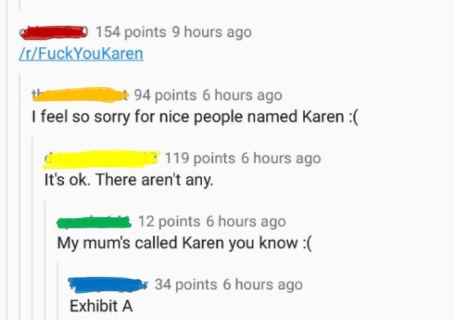 154 points 9 hours ago /r/FuckYouKaren t94 points 6 hours ago I feel so sorry for nice people named Karen 119 points 6 hours ago It's ok. There aren't any. 12 points 6 hours ago My mum's called Karen you know : 34 points 6 hours ago Exhibit A