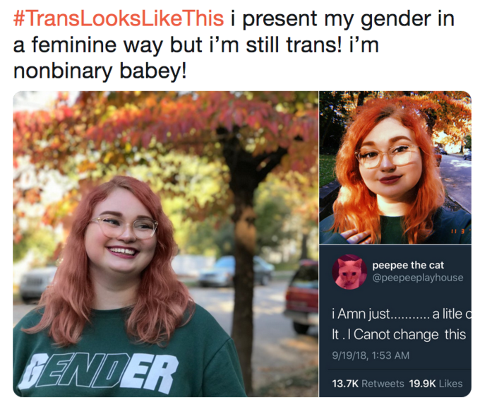 #TransLooksLikeThis i present my gender in a feminine way but i’m still trans! i’m nonbinary babey! #ransLooksLikel his i present my gender in a feminine way but i'm still trans! i'nm nonbinary babey 1 3 peepee the cat @peepeeplayhouse i Amn just It .I Canot change this 9/19/18, 1:53 AM 13.7K Retweets 19.9K Likes