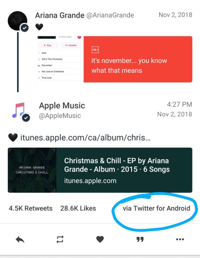 Ariana Grande @ArianaGrande Nov 2, 2018 Shuffle OBJ Intro it's november... you know what that means 2 Wit it This Christmas Not Just on Christmas 5 True Love Apple Music @AppleMusic 4:27 PM Nov 2, 2018 itunes.apple.com/ca/album/chris Christmas & Chill - EP by Ariana CHRISTIRS CL Grande - Album 2015 6 Songs ARIRNA GRANDE itunes.apple.com 4.5K Retweets 28.6K Likes via Twitter for Android