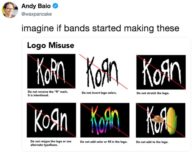 Andy Baio * @waxpancake imagine if bands started making these Logo isuse kon КоЯп Do not reverse the "R" mark. It is intentional. Do not invert logo colors. Do not stretch the logo. Do not retype the logo or use alternate typefaces. Do not add color or fill in the logo. Do not add to the logo.