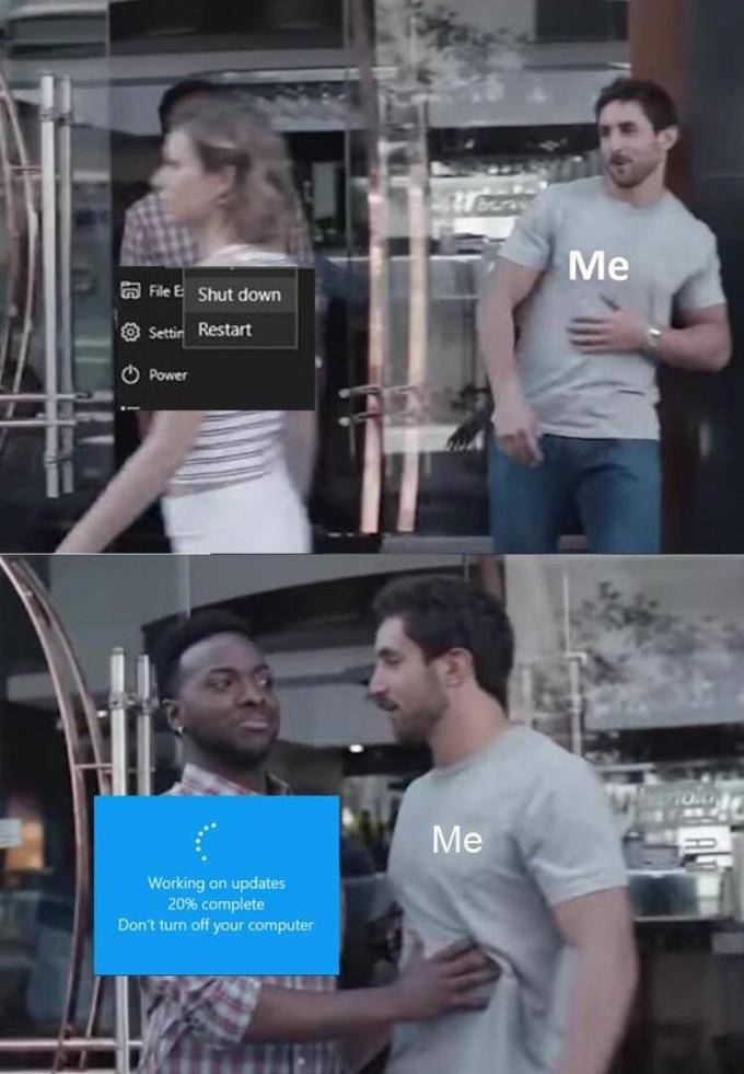 Me n File E Shut down Restart Settin Power Me Working on updates 20% complete Don't turn off your computer