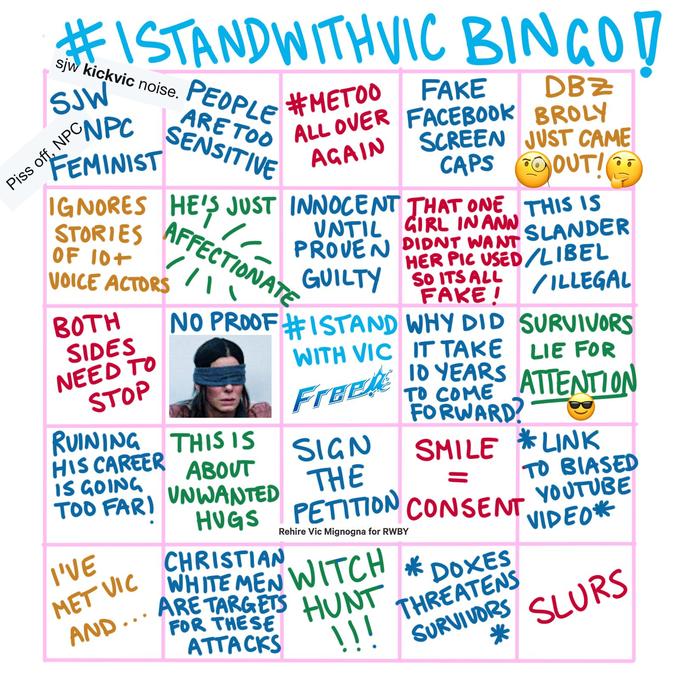 EISTANDWITHVIC BINGO sjw kickvic noise. PEPLECAP 00 FAKE DB SENSITIVE ALLOVER FACE N SCREEN JUST CAME ơ 。 FEMINIST AGAIN CAPS OUT IGNORES HE'S JUST INNOCENT THAT NE THIS IS STORIES A OF 10 VNTL GIRL INANN PROVEN DIDNT WAN LANDER VOICE ACTORS/,·ㄣ GUILTy FAKE, /ILLEGAL HER PIC USED/LIBEL BOTH NO PROOF#ISTAND WHY DID SURVIVORS SIDES NEED To RUINING THIS IS IS GOING WITH VIC IT TAKE LIE FOR ID YEARS TO COME FORWARD?- SIGN SHILE LINK HIS CAREER ABOUT THE TOD FARI VNWANTEDH HS PETITIDN CONSENTIE YOUTUBE NIDEO IL THREATENS SURVIUDRS ARE TARGETS AND.FOR THESE SLURS ATTACKS