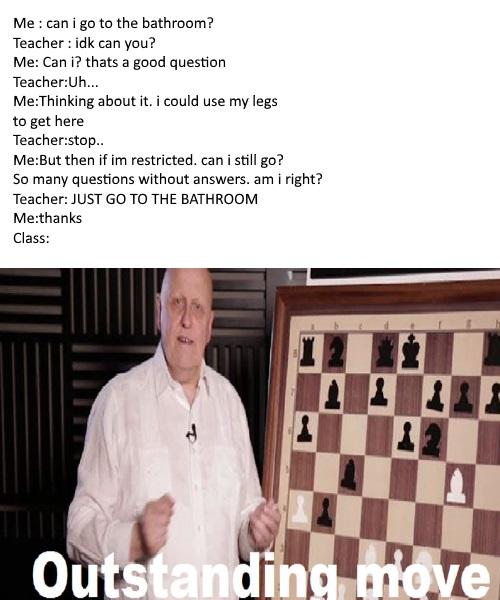 Me : can i go to the bathroom? Teacher : idk can you? Me: Can i? thats a good question Teacher:Uh Me:Thinking about it. i could use my legs to get here Teacher:stop Me:But then if im restricted. can i still go? So many questions without answers. am i right? Teacher: JUST GO TO THE BATHROOM Me:thanks Class: Outstanding dove