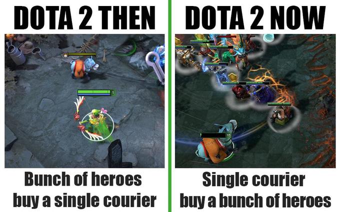 DOTA 2 THEN DOTA 2 NOW 10 Bunch of heroes buy a single courier Single courier buy a bunch of heroes