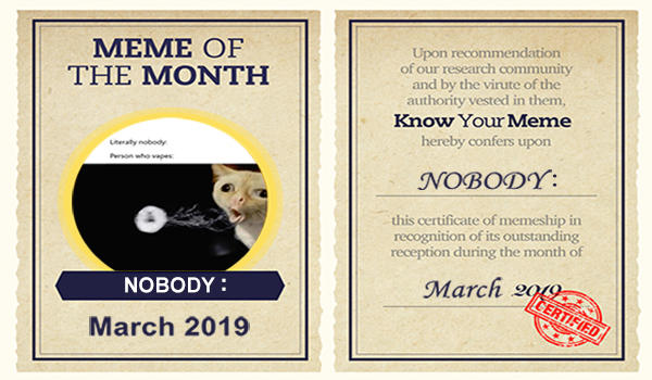 MEME OF THE MONTH Upon recommendation of our research community and by the virute of the authority vested in them, Know Your Meme hereby confers upon Person who NOBODY: this certificate of memeship in recognition of its outstanding reception during the month of NOBODY: March 20 March 2019