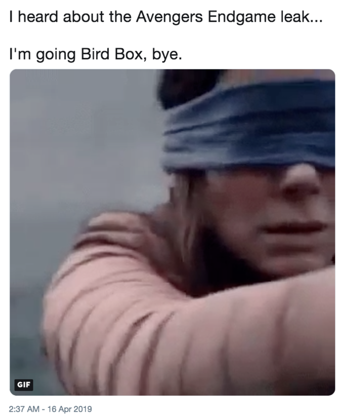 I heard about the Avengers Endgame leak... I'm going Bird Box, bye. GIF 2:37 AM - 16 Apr 2019