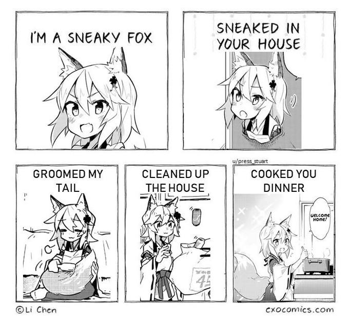 SNEAKED IN YOUR HOUSE IM A SNEAKY FOX CLEANED UP THE HOUSE COOKED YOU DINNER GROOMED MY TAIL weLcome Home! 4A ©Li Chen cxocomics.com Cartoon Line art Text Comics Comic book Fiction Illustration