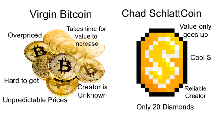 Chad SchlattCoin Virgin Bitcoin Value only Takes time for Overpriced goes up value to increase Cool S Hard to get Creator is Reliable Unknown Creator Unpredictable Prices Only 20 Diamonds