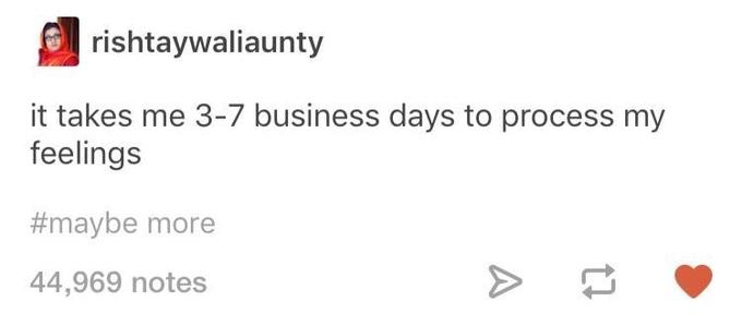 Tumblr post exaggerating the time needed to process feelings. 
Found in a list of "funny Tumblr posts":https://cheezburger.com/6885125/17-invigorating-tumblr-posts-thatll-just-speak-to-you on Meme Base 