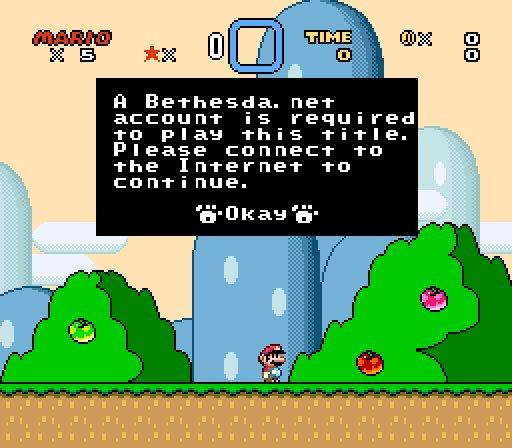 MARIO TIME A Bethesda. net account is required to PIay this title. Piease Connect the INternet Continue. to to OKay OO