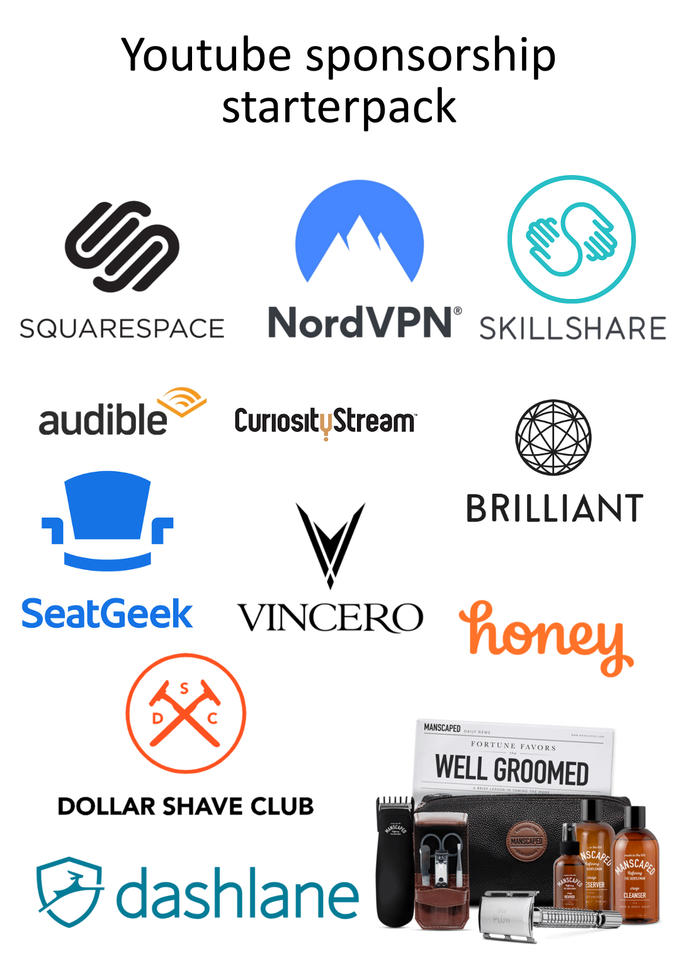 Youtube sponsorship starterpack NordVPN' SKILLSHARE SQUARESPACE CuriosityStream audible BRILLIANT heney SeatGeek VINCERO MANSCAPED FORTUNE FAVORS WELL GROOMED DOLLAR SHAVE CLUB MSCAP MANSCAPED ASCAPEL ASCARES snin dashlane NSCAPE ESERVER CLEANSER REWIVER