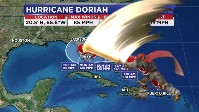 HURRICANE DORIAH LOCATION MAX WINDS NT PP 20.5 N, 66.6°W S MPH 85 MPH JACKSON HOUSTON MIAMI TUE AM MON AM SUN AM SAT A 85 MPH 125 MPH 125 MPH 120 MPH FRI AM 110 MPH CUBA HAITI PUERTO RICU