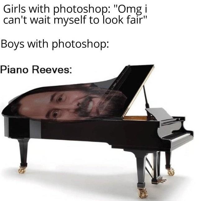 "Keanu Reeves":/memes/people/keanu-reeves photoshop found in a gallery of "Girls vs Boys Photoshop Memes":https://cheezburger.com/9183749/girls-vs-boys-memes-are-back-to-rip-goofy-photoshop-usage on Memebase.