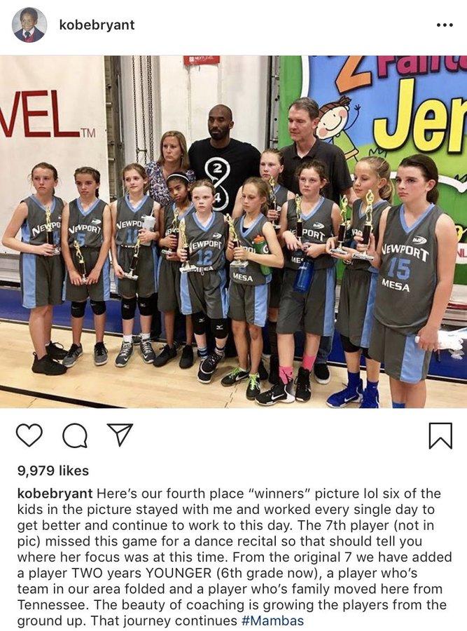 kobebryant நானுமம் Jer EL TM PORT NEWPO NEVPORT NEWPO NEWPORT 15 EWPORT ME MESA MESA 9,979 likes kobebryant Here's our fourth place "winners" picture lol six of the kids in the picture stayed with me and worked every single day to get better and continue to work to this day. The 7th player (not in pic) missed this game for a dance recital so that should tell you where her focus was at this time. From the original 7 we have added a player TWO years YOUNGER (6th grade now), a player who's team in our area folded and a player who's family moved here from Tennessee. The beauty of coaching is growing the players from the ground up. That journey continues #Mambas