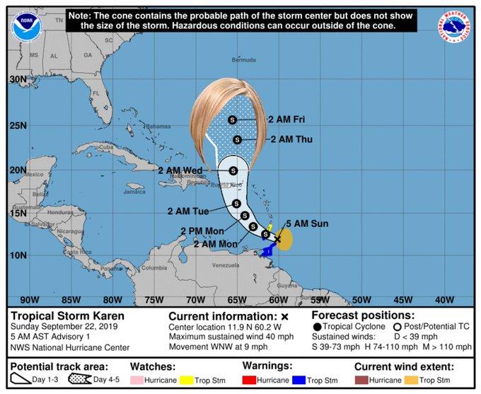 Note: The cone contains the probable path of the storm center but does not show the size of the storm. Hazardous conditions can occur outside of the cone. TN noRn MS GA AL Bermuda 30N 2 AM Fri 25N amas -2 AM Thu 20N AM Wed HATominitan S Mexico BepublPe Jamáica Bellid Guatemal> 15N Salvstor 2 AM Tue- Honduray 5 AM Sun 2 PM Mon 2 AM Mon Nicaragus 10N Venezuela Colombia Guydna 55W 90W 85W 65W 40W 80W 75W 70W 60W 50W 45W Tropical Storm Karen Sunday September 22, 2019 5 AM AST Advisory 1 NWS National Hurricane Center Forecast positions: Tropical Cyclone O Post/Potential TC Sustained winds: S 39-73 mph H 74-110 mph M> 110 mph Current information: x Center location 11.9 N 60.2 W Maximum sustained wind 40 mph Movement WNW at 9 mph D 39 mph Potential track area: Day 1-3 Day 4-5 Warnings: Watches: Current wind extent: Hurricane Hurricane Trop Stm Trop Stm Hurricane Trop Stm