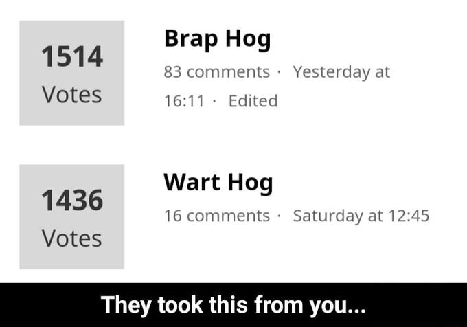 Brap Hog 1514 83 comments Yesterday at Votes 16:11 Edited Wart Hog 1436 16 comments Saturday at 12:45 Votes They took this from you...