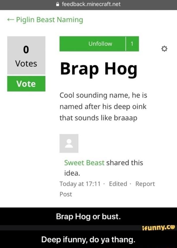 feedback.minecraft.net - Piglin Beast Naming Unfollow 1 0 Votes Brap Hog Vote Cool sounding name, he is named after his deep oink that sounds like braaap Sweet Beast shared this idea. Today at 17:11 Edited Report Post Brap Hog or bust. ifunny.ce Deep ifunny, do ya thang.