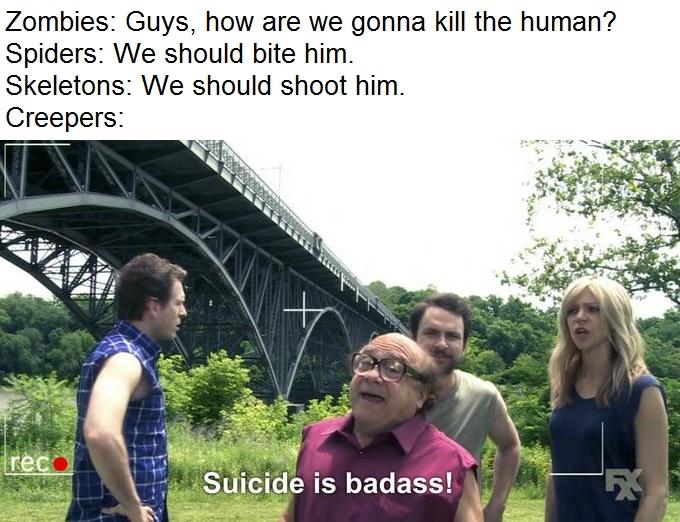 Zombies: Guys, how are we gonna kill the human? Spiders: We should bite him. Skeletons: We should shoot him. Creepers: rec Suicide is badass!