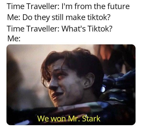 Time Traveller: I'm from the future Me: Do they still make tiktok? Time Traveller: What's Tiktok? Me: We won Mr. Stark