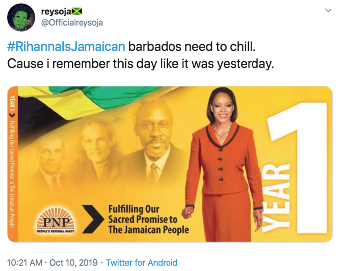 reysoja @Officialreysoja #RihannalsJamaican barbados need to chill. Cause i remember this day like it was yesterday. Fulfilling Our Sacred Promise to The Jamaican People PNP PEOPLES NATIONAL PARTY 10:21 AM Oct 10, 2019 Twitter for Android YEAR YEAR 1 Fulfilling Our Sacred Promise to The Jamaican People