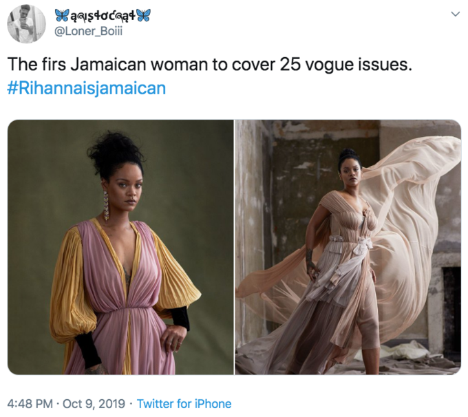 ąaistocaa4 @Loner_Boiii The firs Jamaican woman to cover 25 vogue issues. #Rihannaisjamaican 4:48 PM Oct 9, 2019 Twitter for iPhone