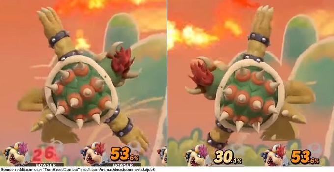 "At release, Super Smash Bros. Ultimate contained a glitch whereby jumping as Bowser with both Superspicy Curry and a Screw Attack active would cause him to assume a T-pose while facing away from the screen, in addition to deforming his feet. This has been patched in Version 3.0" - 